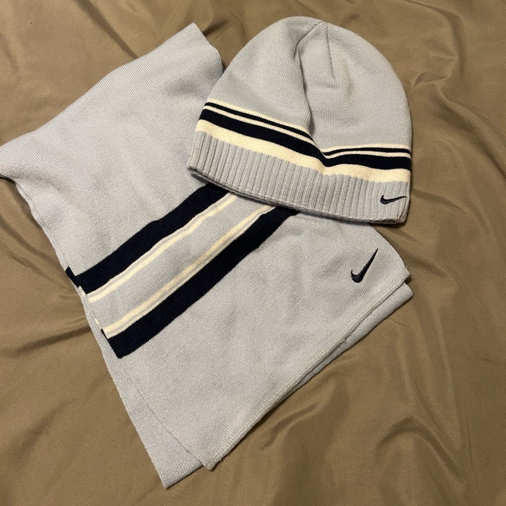Nike Light Blue Beanie and Scarf Set with Darker Blue Stripes